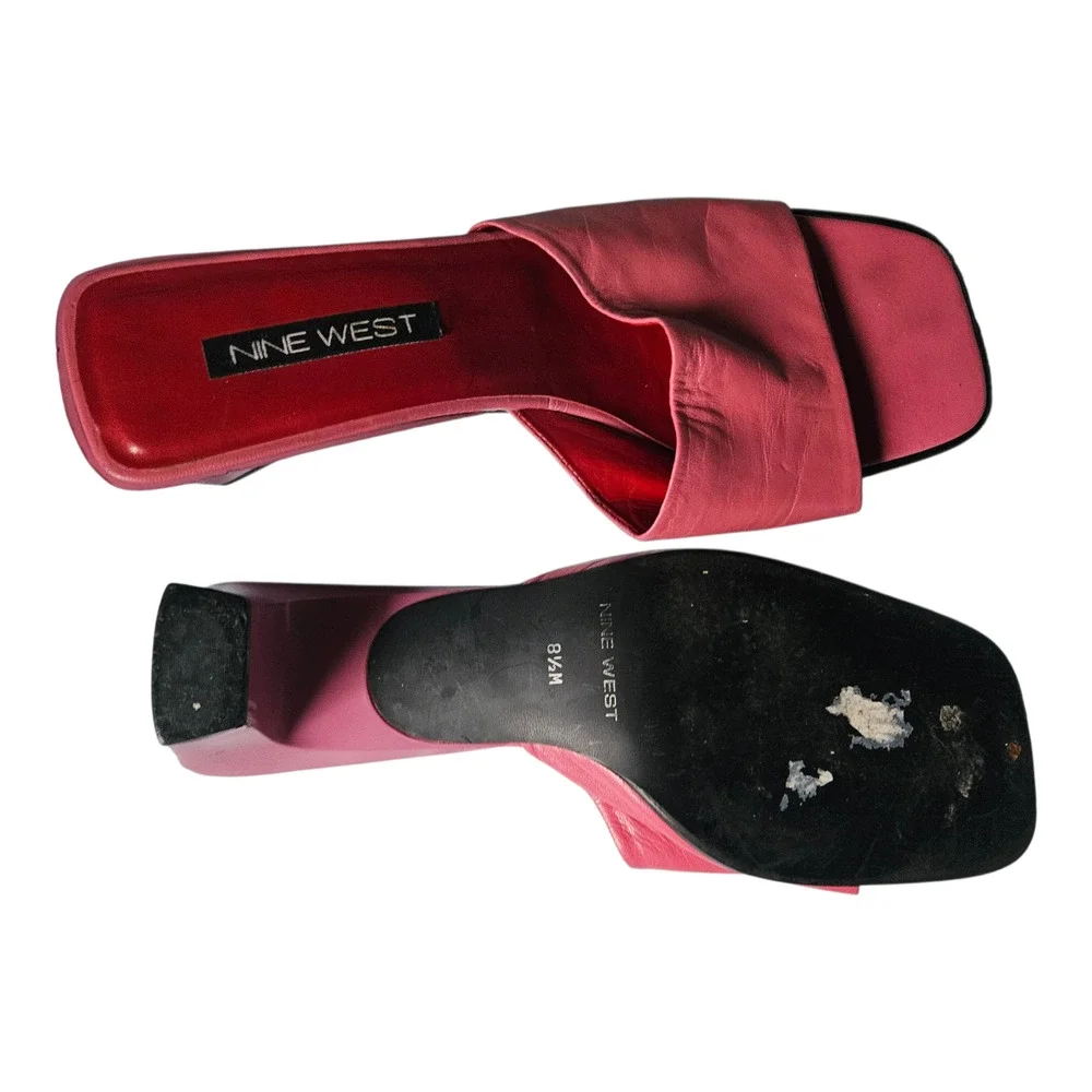 Nine West Square Toe Slide Sandals Pink Leather Mules Y2K 90s Slip On Sz 8.5 - Picture 4 of 14